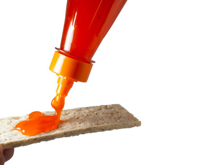 Bread   poured with a spicy sauce. Seasoning for food.  Making a sandwichの写真素材