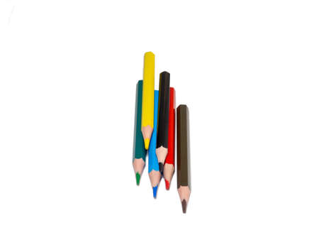 colored short pencils. Wooden pencils are laid out on a white background.の写真素材