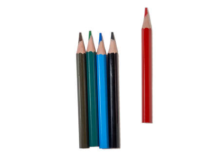 colored short pencils. Wooden pencils are laid out on a white background.の写真素材