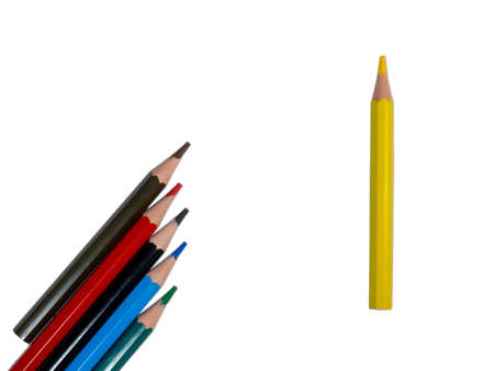 colored short pencils. Wooden pencils are laid out on a white background.の写真素材