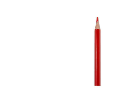 Colored pencil on a white background. Red short pencil made of wood.の写真素材