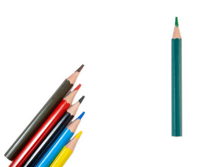 colored short pencils. Wooden pencils are laid out on a white background.の写真素材