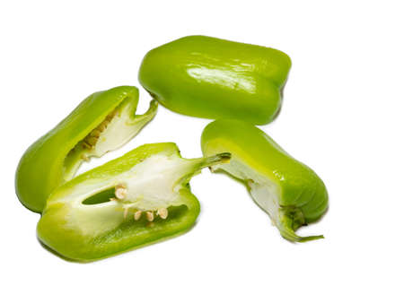 Sliced dolma pepper on a white background. A juicy beautiful vegetable. Green sweet pepper. Isolate on white.の写真素材