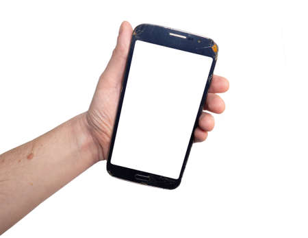 Mockup. Phone in the hand of a man. Blank white space on the phone screen. Mock-upの写真素材