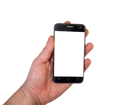 Mockup. Phone in the hand of a man. Blank white space on the phone screen. Mock-upの写真素材