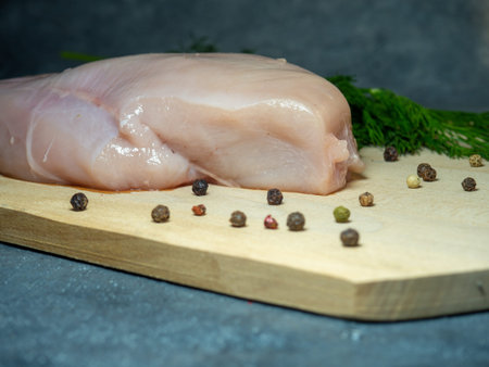 Chicken breast fillet on a cutting board on a black background. Peppercorns and dill around a piece of meat.  Cooking chickenの写真素材