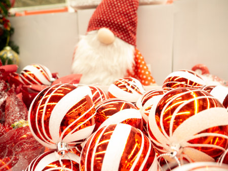 Christmas decorations in a box.   Preparing to dress up the Christmas tree. Bright decorations.の写真素材