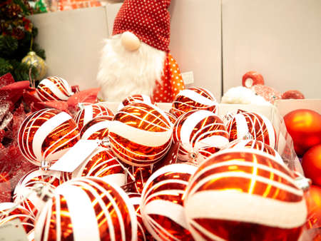 Christmas decorations in a box.   Preparing to dress up the Christmas tree.  Santa Claus. Red balls.の写真素材