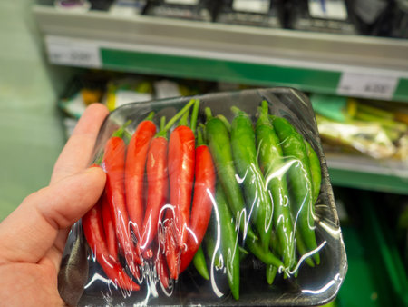 A set of hot peppers in the package. Choosing products in the supermarket. Chili peppers.