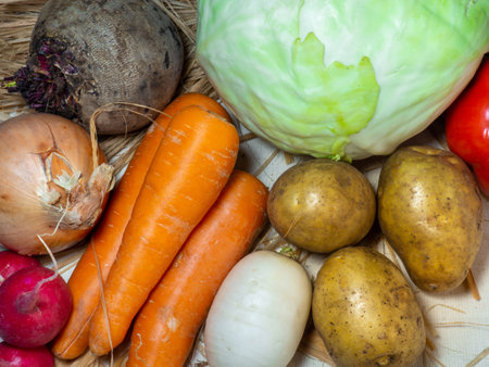 Harvest from the garden on the table. Farmer.Borsch set. Roots. Products from the garden. Still life of vegetables. Healthy food.の写真素材