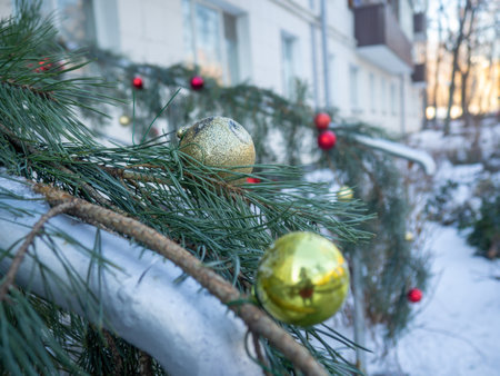 Christmas tree at the store. New Year's decoration on the street. Holiday atmosphereの写真素材