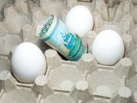 High cost. Imitation of products. Money with eggs. High price. Half-empty egg carton. bills and eggの写真素材
