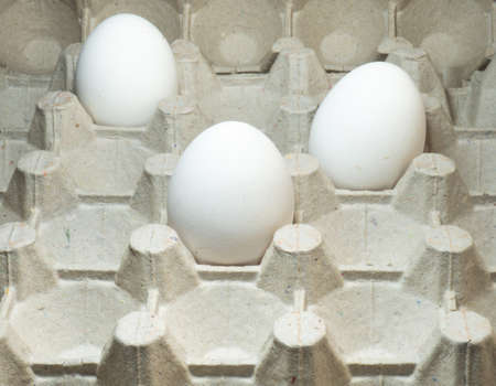 Eggs in an empty package. Leftover products. Leftover food. Few eggs.の写真素材