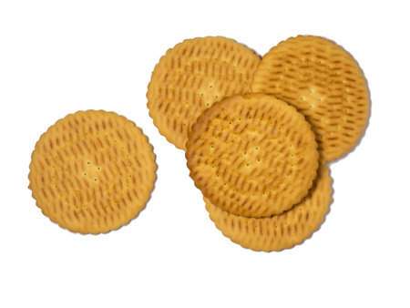 Round cookies on a white background. Round cracker. Sweets isolate.の写真素材