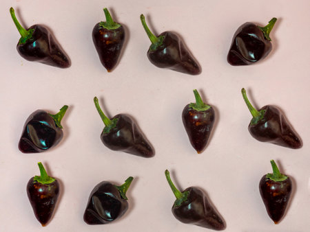 background of hot peppers on pink. Vegetable pattern.の写真素材