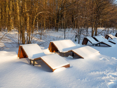 Summer sun loungers for relaxing under the snow. Park in winterの写真素材