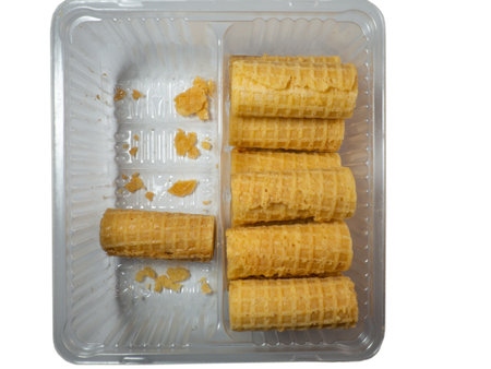 Wafer rolls. Confectionery. Cookies for tea. Variety of waffles. Product with stuffing inside. Not diet foodの写真素材