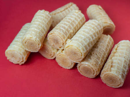 Wafer rolls. Confectionery. Cookies for tea. Variety of waffles. Product with stuffing inside. Not diet foodの写真素材