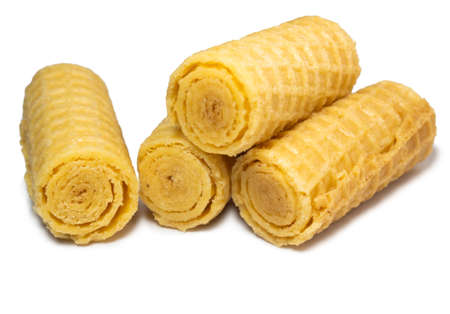 Wafer rolls. Confectionery. Cookies for tea. Variety of waffles. Product with stuffing inside. Not diet foodの写真素材