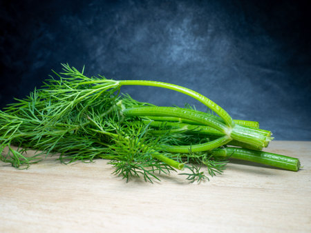 A bunch of dill on a cutting board. Useful product. Greens on the kitchen table. Vegetarian lunch ingredient. Lots of dill stalksの写真素材