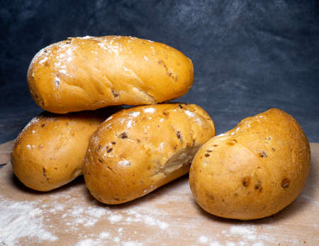 Buns stuffed with onions. Lush flour products. Hearty food. Unhealthy food. At the bakery.   wheat flour bunの写真素材