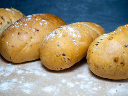 Buns stuffed with onions. Lush flour products. Hearty food. Unhealthy food. At the bakery.  wheat flour bunの写真素材