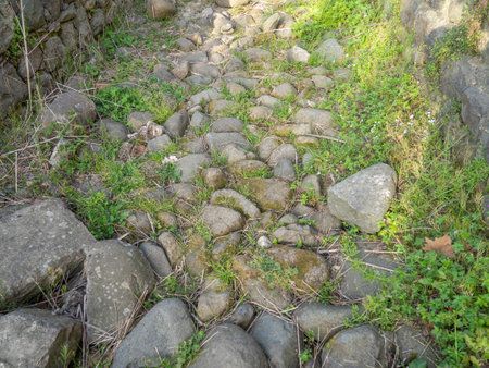 ancient tiles. Remains of the old pavement. cobblestone pavement. In the old fortressの写真素材