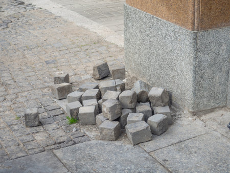 cobblestone hill. Broken pavement stones. building supplies. abandonedの写真素材