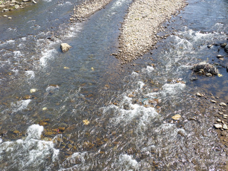 Rapid flow of the river. Big river, view from above. View from the bridge to the water. Thresholds on the water. Natureの写真素材