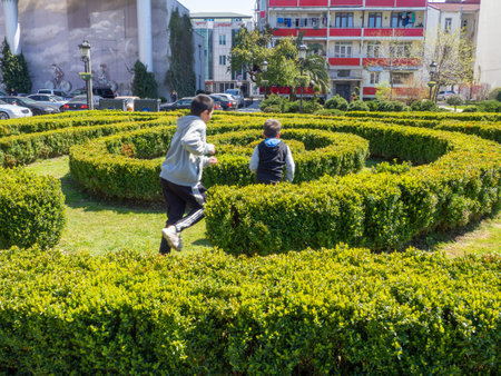 Children run in a maze of bushes. Landscaping. lawn in the park. park area. Walkのeditorial素材