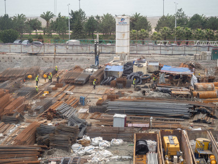 Construction of a high-rise building. view from above. Start of construction. skyscraper foundation....