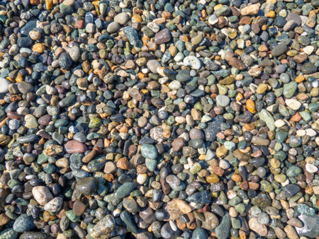 Background from multicolored pebbles. Pebble coast. stone beach. stone pattern. Nature