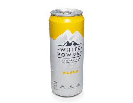 Batumi, Georgia. 05.31.2022 Isolate the cooling drink in an aluminum can. white powder. Alcoholic drink. Mango flavored soda.のeditorial素材