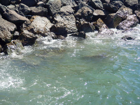 Beautiful rocky seashore. Turkish nature. big stones.の写真素材