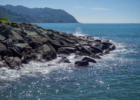 Beautiful rocky seashore. Turkish nature. big stones.の写真素材