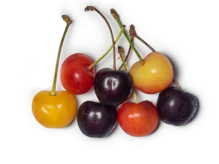 Sweet cherries of different varieties on a white background. Cherries of different colors. Berry isolate. Several berries are on the table. fresh product. Harvest from the bushの写真素材