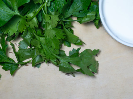 Parsley and sour cream on the table. cutting board. Cooking. Vegan food. Useful product. Ingredient for vegetable soup. Vegetarianismの写真素材