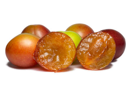 Cherry plum at different stages of maturation. Plums of different colors on a white background. Fruit on the table. Sliced juicy plum. Tkemali. Ingredient for making jamの写真素材