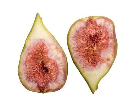 Fig cut in half. fresh fruit. Fig. Figs with seeds. The pulp of a juicy fruit. food for vegetarians. fruit in peelの写真素材
