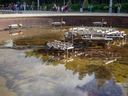 Equipment for dancing fountains. Drained fountain in the park. without water. Devices inside the fountains. Technologyの写真素材