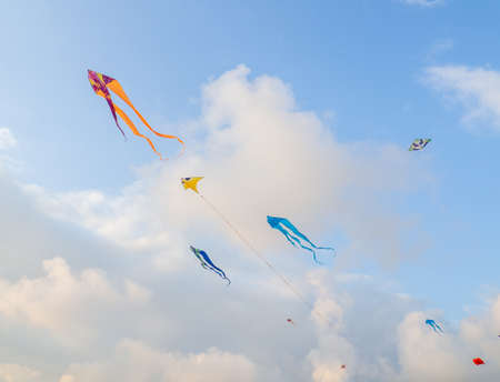 A kite in the sky. upwards. wind. kite festival. colorful toys. People fly kites. Beauty in the sky Holiday at the resortの写真素材