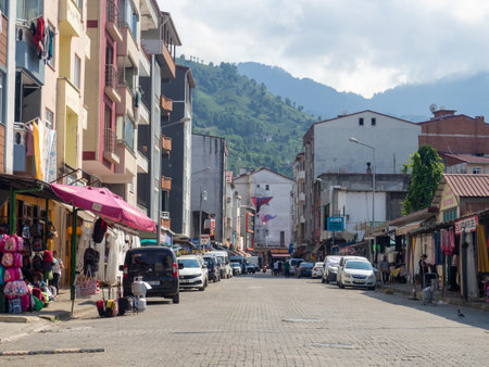 Street in a Turkish town. Quiet place. Asian city. Street overlooking the city. Mountains behind the houses. residential areaのeditorial素材
