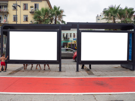 Advertising stands in the city at the bus stop. Mocap on the street. street advertising. Place to put your textの写真素材