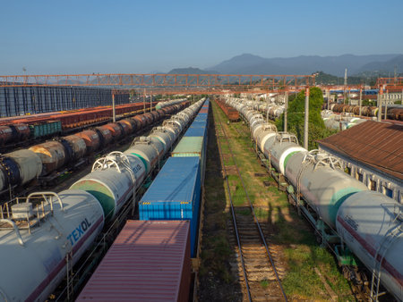 Batumi, Georgia. 08.30.2022 Railroad in the city. Many railway paths. Wagons and trains on the tracks. unloading station. Tank wagons.のeditorial素材