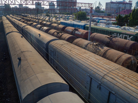 Batumi, Georgia. 08.30.2022 Railroad in the city. Many railway paths. Wagons and trains on the tracks. unloading station. tank wagons.の写真素材