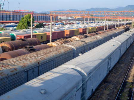 Batumi, Georgia. 08.30.2022 Railroad in the city. Many railway paths. Wagons and trains on the tracks. unloading station. tank wagons.の写真素材