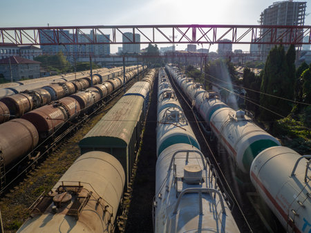 Batumi, Georgia. 08.30.2022 Railroad in the city. Many railway paths. Wagons and trains on the tracks. unloading station. Tank wagons.のeditorial素材