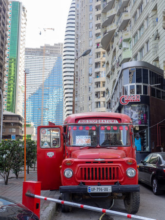 Batumi, Georgia. 09.01.2022 Old red bus on the street. Soviet auto industry. An old bus converted into a coffee shop. Business idea. vintage carのeditorial素材