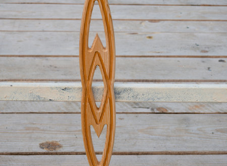 Carved wooden rail. beautiful handrails. Wooden decoration on the fence. fine work. natural material.の写真素材