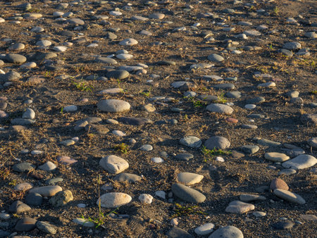 Rock on the sand. Sea coast. Rubble on the ground. Stones scattered on the ground.の写真素材